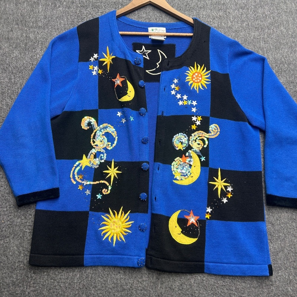 Celestial Sun Moon Sweater Quacker Factory 1X Grandma Core Grannie Magic Star